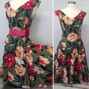 Vtg 80s Polished Cotton Off The Shoulder Floral Novelty Print Dress Crinoline SM